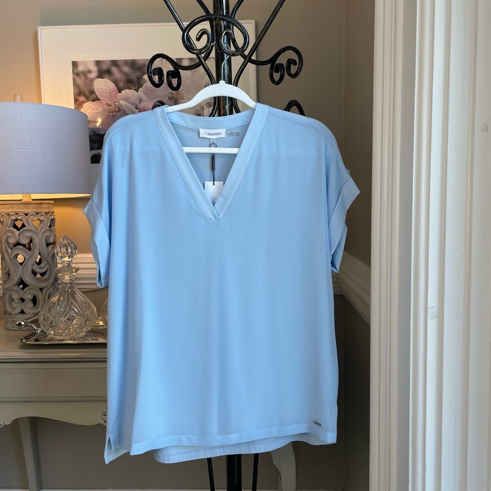 Calvin Klein Blouse Small Blue V-neck Pullover Top Loose Fit Sheer Short Sleeves